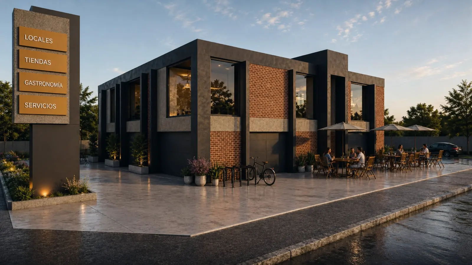 Visualización de Núcleo Urbano al atardecer: placa comercial de ladrillo y hormigón con terrazas ocupadas frente a la calle