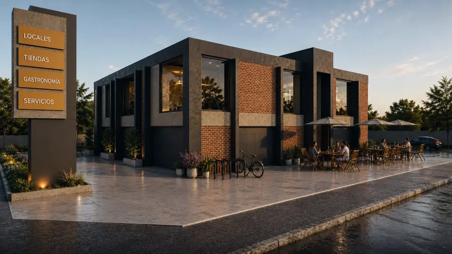 Núcleo Urbano al atardecer: placa comercial con tótem de señalética y terrazas hacia la calle