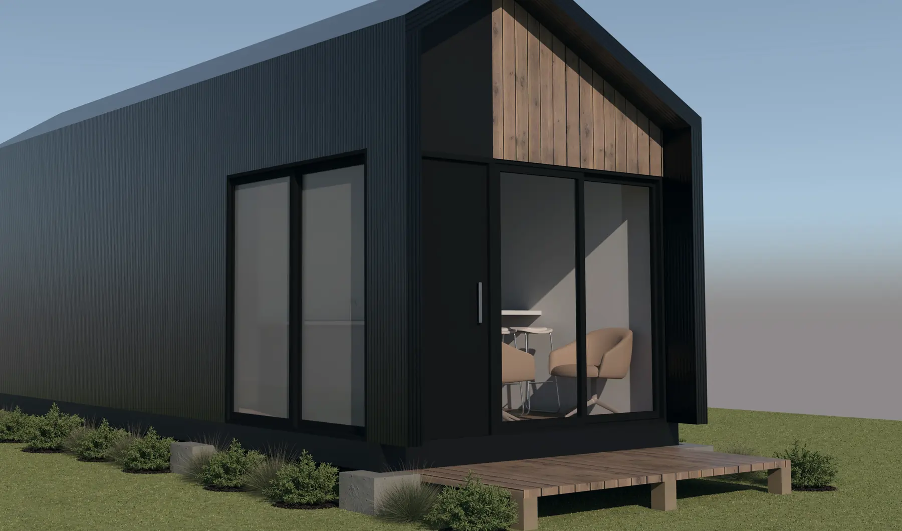 Proyecto Residencial LV: volumen compacto de revestimiento oscuro, testera de madera y fachada vidriada sobre una terraza