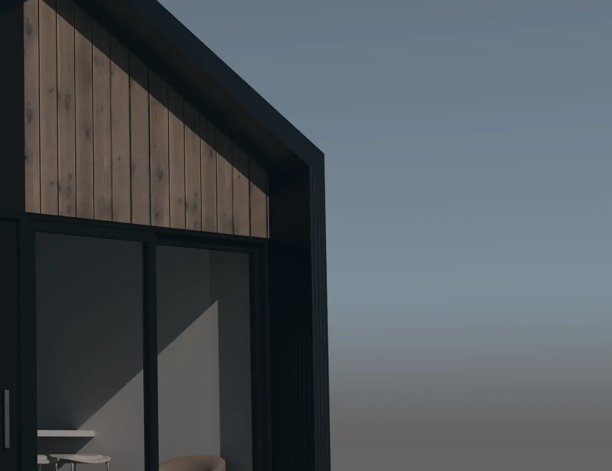 Detalle material de una fachada: revestimiento de madera vertical, metal plegado oscuro y vidrio