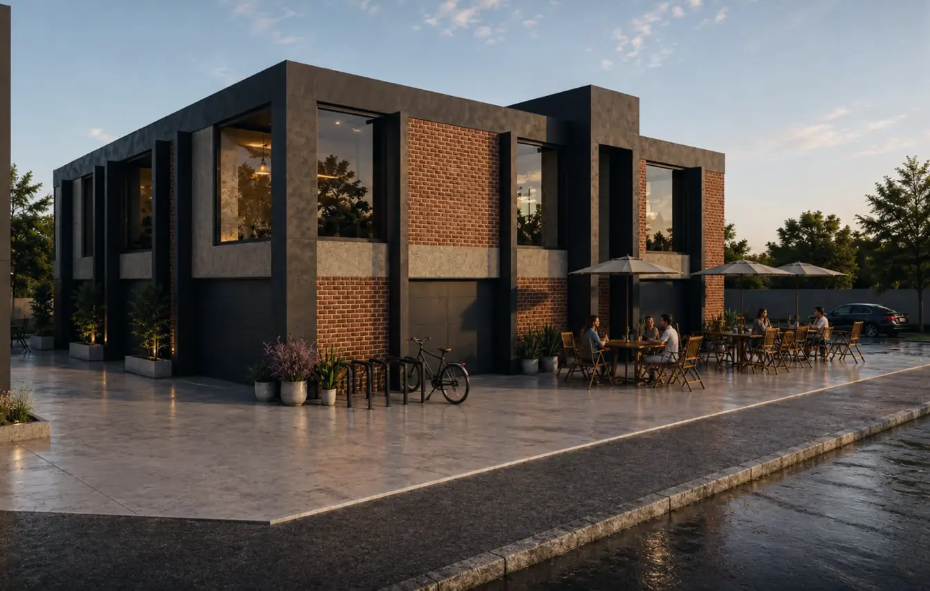 Fachada de Núcleo Urbano: volúmenes de ladrillo y hormigón, ventanales continuos y terraza con mesas hacia la vereda