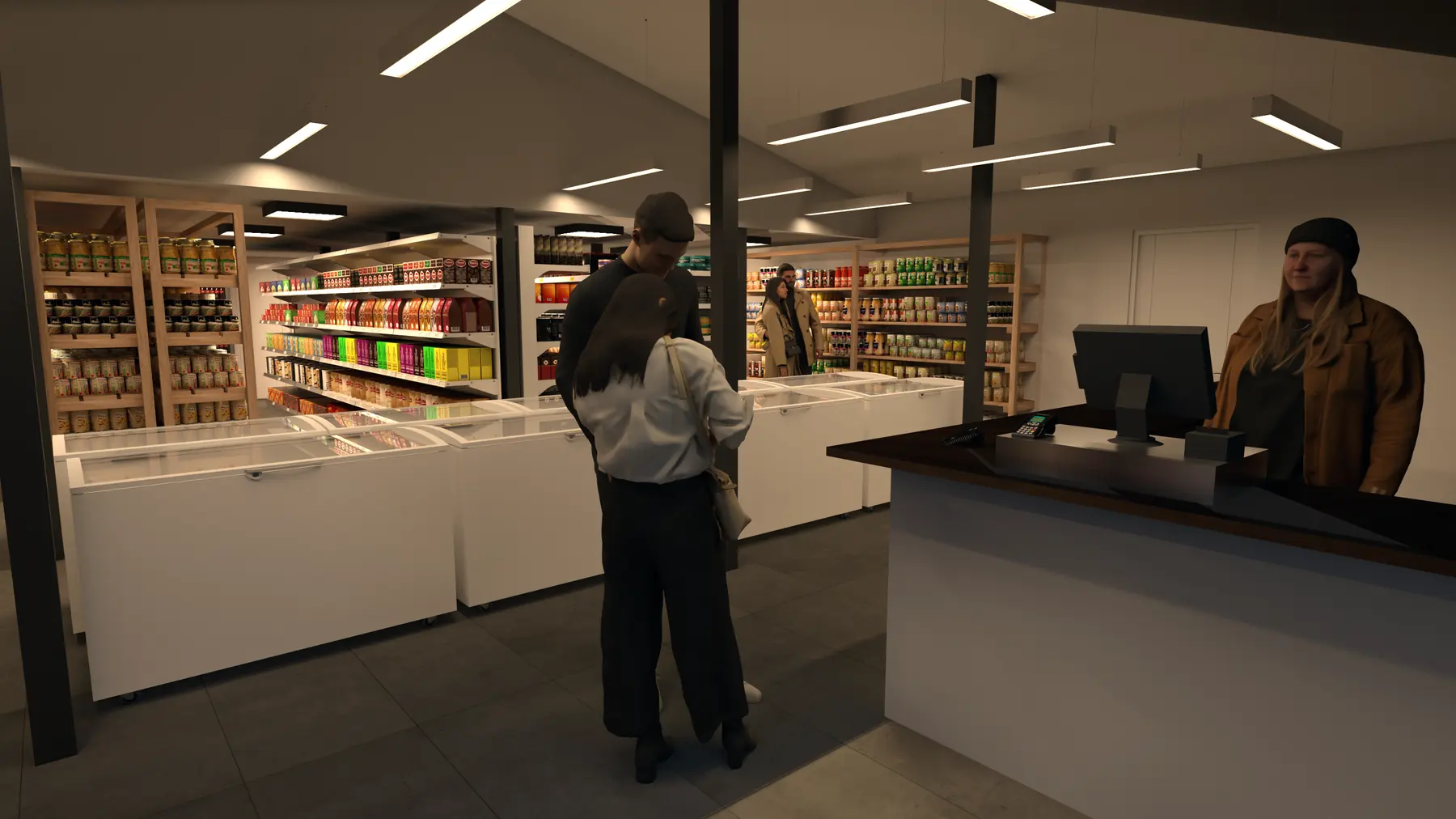 Minimarket del primer piso de Núcleo Urbano: estanterías de madera, vitrinas refrigeradas y mesón de atención