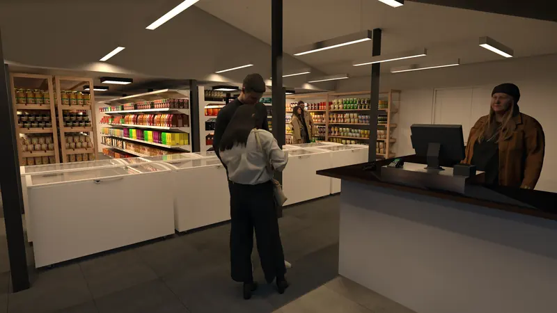 Interior del minimarket de Núcleo Urbano, con estanterías de madera, vitrinas y mesón de atención